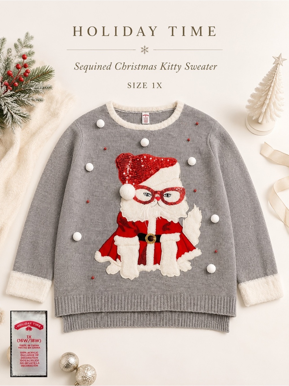 🎄❤️ Holiday Time Sequined Christmas Kitty Sweater Plus Size 1X